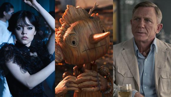 Netflix reveló "Merlina" (izquierda), "Pinocho" (centro) y "Glass Onion: A Knives Out Mystery" (derecha) son las producciones más vistas por los peruanos en la última semana.  (Fotos: Netflix)