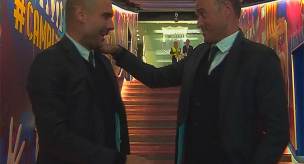 Luis Enrique y Pep Guardiola, técnicos del Barcelona y Manchester City respectivamente, se encontraron en el tunel del Camp Nou previo al partido. (Foto: Captura - YouTube)