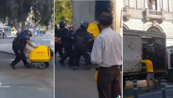 Serenos arrebatan carrito de helados a vendedor ambulante en alrededores de la plaza San Martín. (Foto: @_AguilarVictor / Composición)