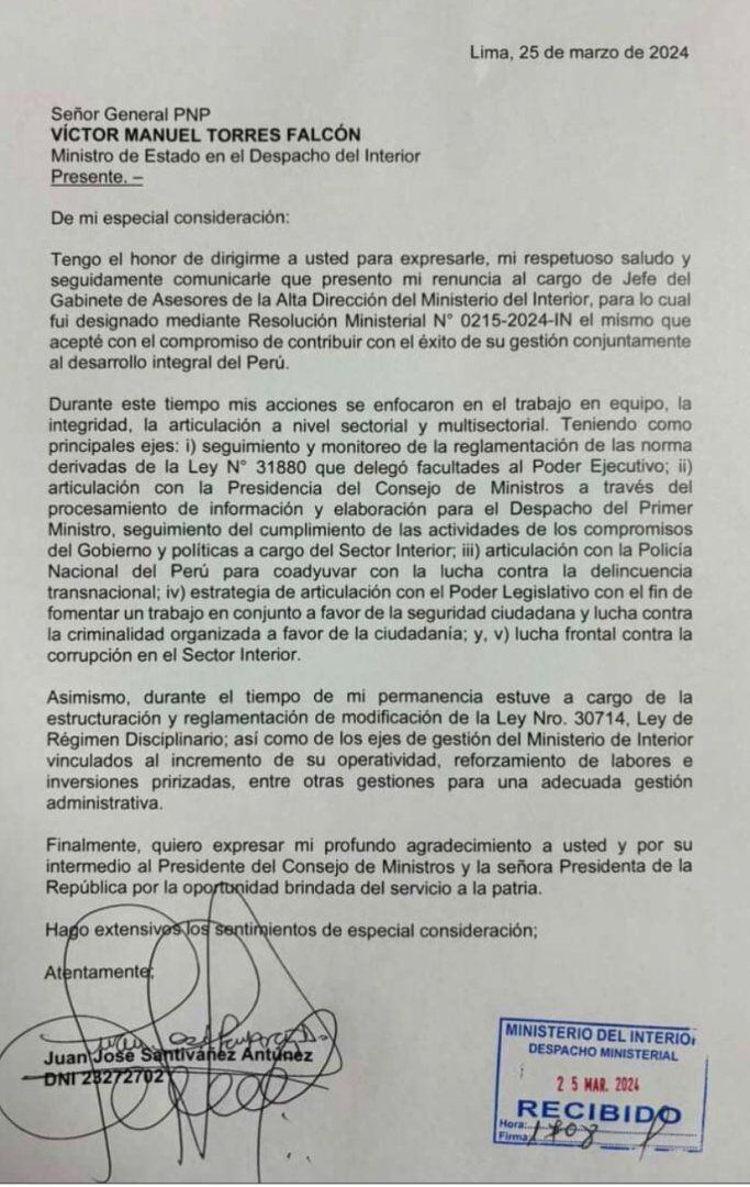 Carta de renuncia de Santivañez cuando dejó el Gabinete de Asesores en marzo de este año. Fuente: Difusión
