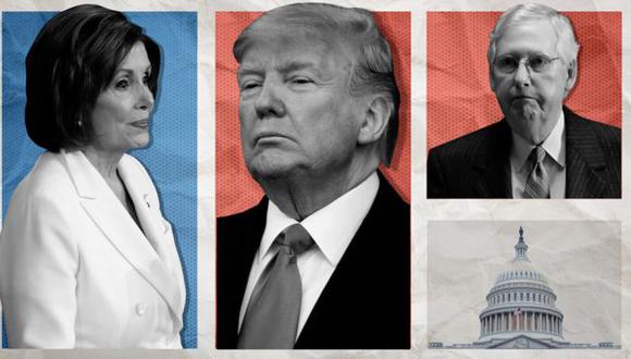 Nancy Pelosi, Donald Trump y Mitch McConnell representan a los dos bandos de la batalla política entre demócratas y republicanos. (Foto: BBC Mundo)