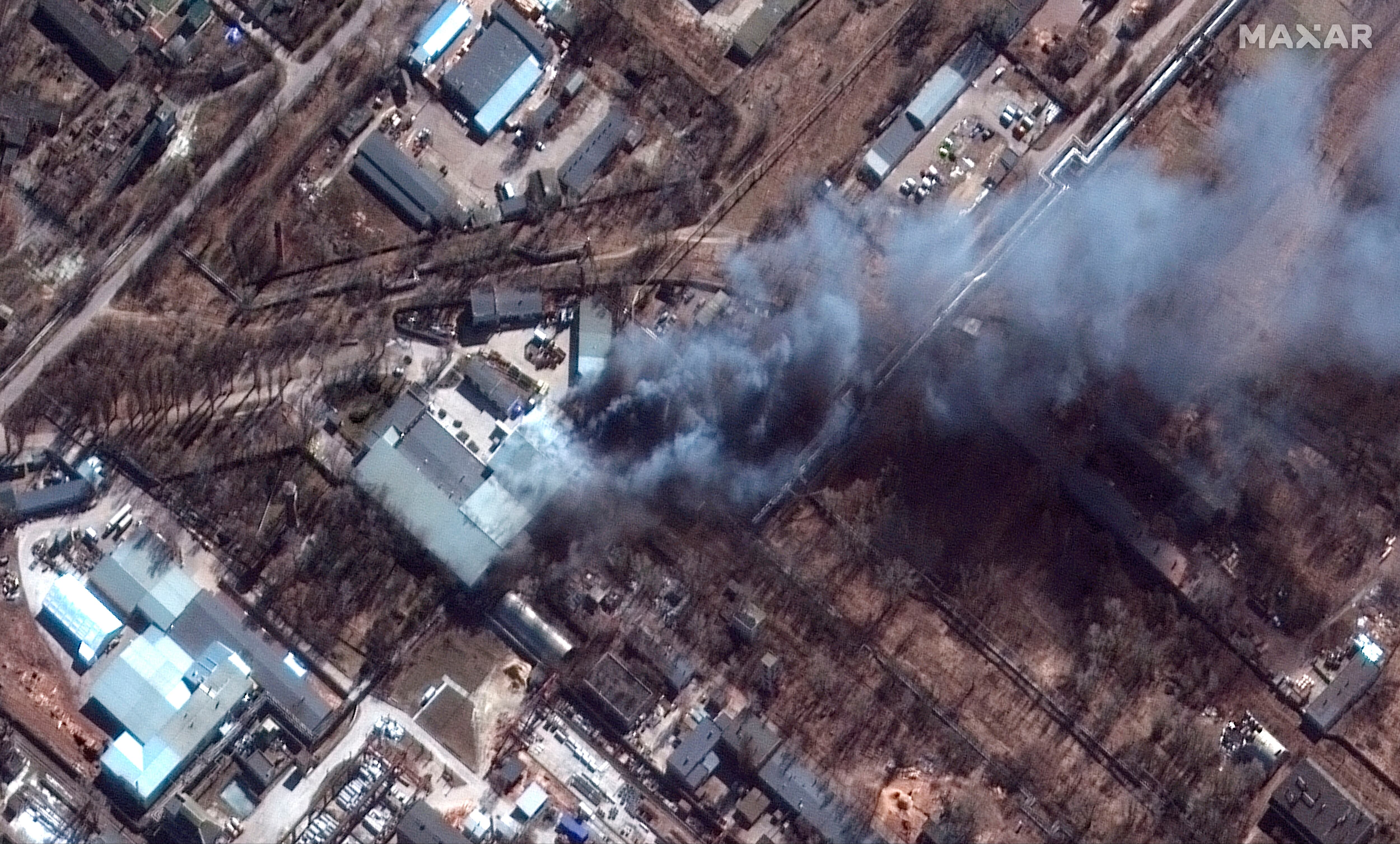 Fires burn in an industrial area and nearby fields south of Chernihiv, Ukraine, during the Russian invasion, Thursday, March 10, 2022. (Satellite image ©2022 Maxar Technologies via AP)
