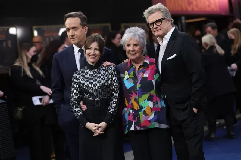 The main cast of the film.  Matthew Macfayden, Kelly Macdonald, Penelope Wilton, and Colin Firth, who respectively play Charles Cholmondeley, Jean Leslie, Hester Leggett (Leslie's boss), and Ewen Montagu.  GETTY IMAGES
