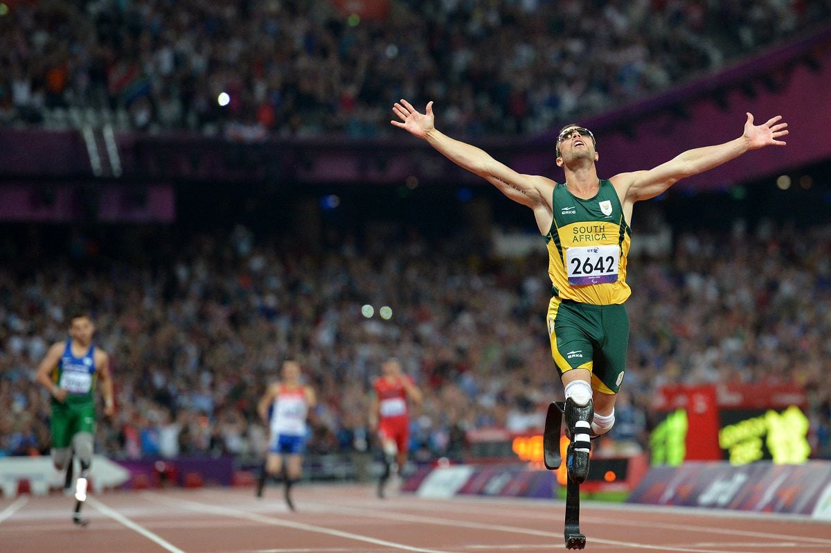 South Africa's Oscar Pistorius crosses the line in the men's 400m final - T44 during the athletics competition at the London 2012 Paralympic Games at the Olympic Stadium on September 8, 2012. (Photo by BEN STANSALL/AFP)