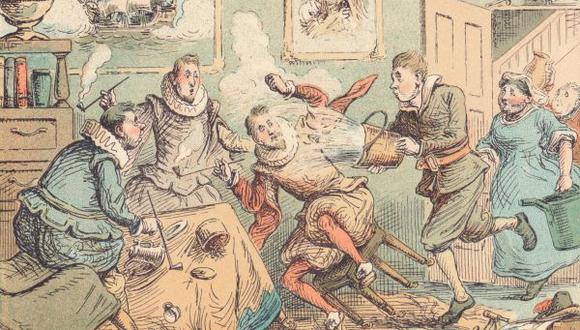 Obra de Thomas Strong Seccombe, quien cerca de 1884, recreó un peculiar accidente sufrido por Walter Raleigh. Uno de los sirvientes del corsario, viendo que este sacaba humo de la boca, le tiró un baldazo de agua para apagar el incendio que lleva dentro. (Getty)