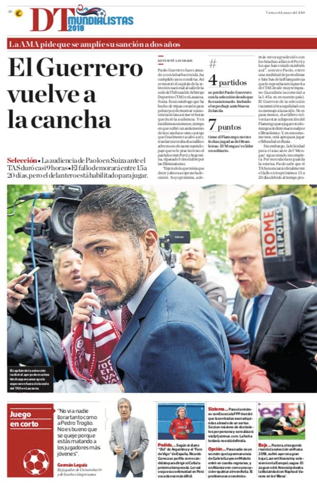 Information in the printed edition of DT from El Comercio on Paolo Guerrero's visit to the TAS headquarters.  (Photo: El Comercio Archive)