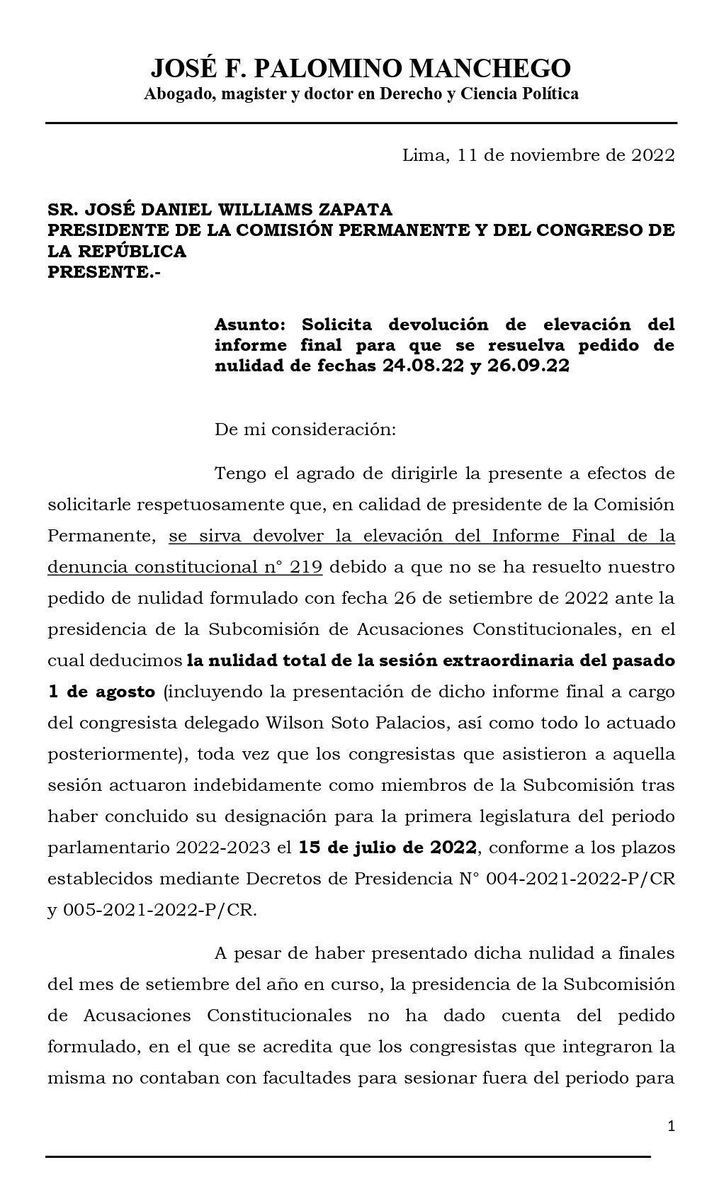 Documento remitido por el abogado de Pedro Castillo al presidente del Congreso.