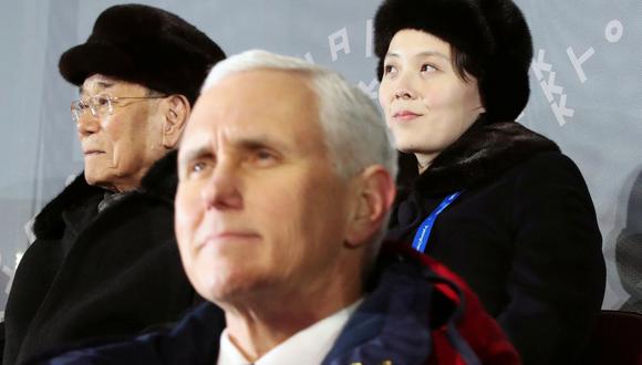 El vicepresidente estadounidense Mike Pence estuvo a pocos asientos de Kim Yong-nam, jefe de la delegación de Corea del Norte y Kim Yo-jong, hermana de Kim Jong-un, en los Juegos Olímpicos de Invierno de PyeongChang. (Foto: Reuters)