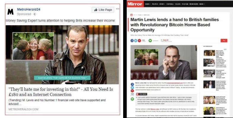 Este es un anuncio falso que utiliza la imagen de Martin Lewis que redirige a un artículo que imita la página del medio "Metro".