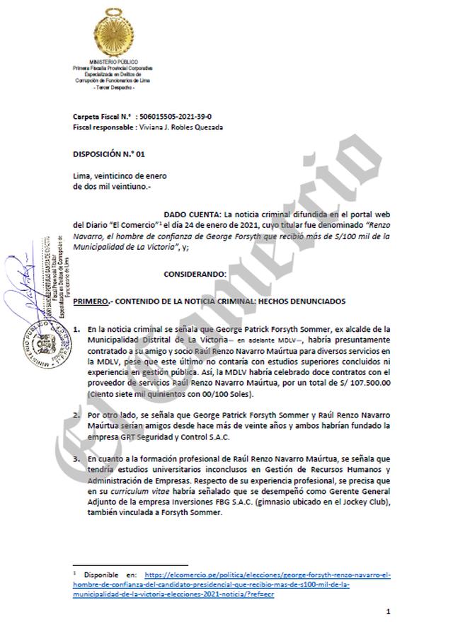 Disposición de la Primera Fiscalía Anticorrupción por los contratos de George Forsyth a Renzo Navarro.