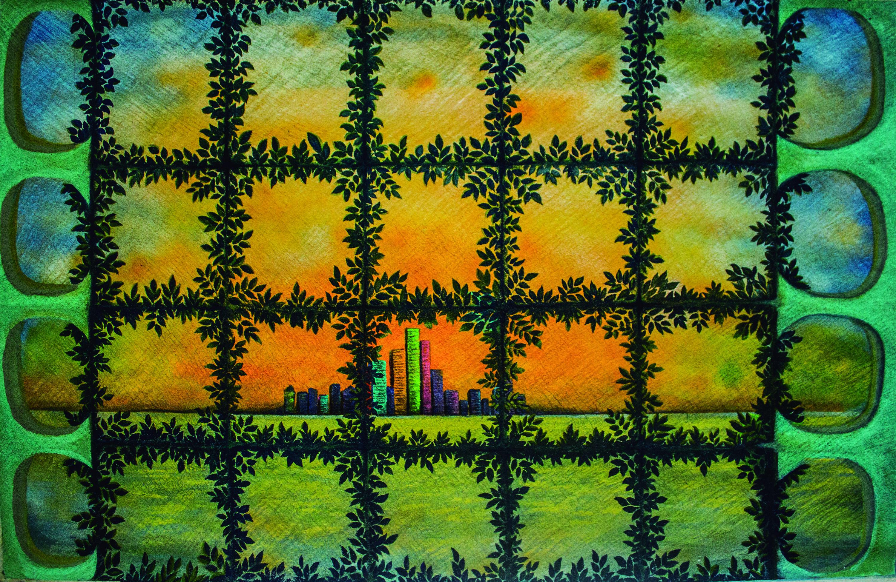 La ventana amazónica. BRUS RUBIO, LORETO, 1983 ACRÍLICO SOBRE LLANCHAMA  86 X 133 CM