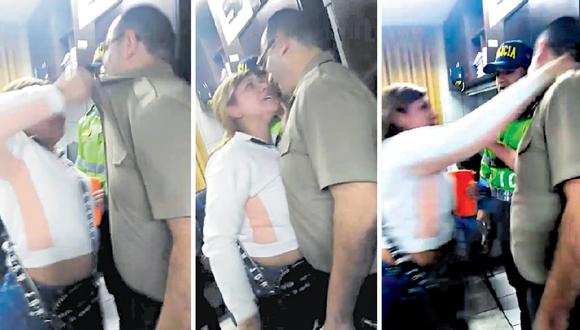 Claudia Haro agredió a comisario Ricardo Vargas delante del resto del personal PNP en San Juan de Lurigancho. (Foto: Captura de pantalla)