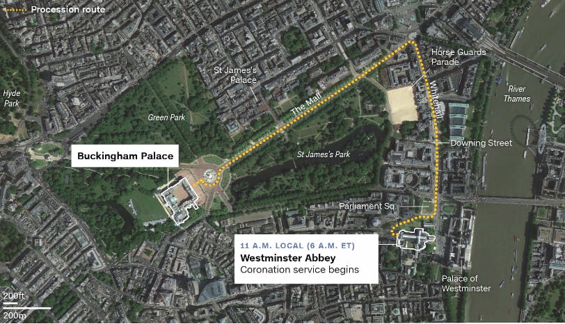 This is the route that King Charles III and Queen Camilla will follow after their coronation at Westminster Abbey.