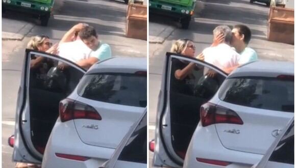 Se viralizó en Facebook el instante en que un joven consuela a un anciano que impactó su auto contra una moto. (Foto: Captura)