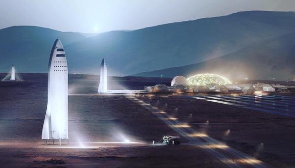 Composición realizada por la compañía de Elon Musk que recrea una hipotética base en Marte, similar a imágenes que hemos visto en el cine.