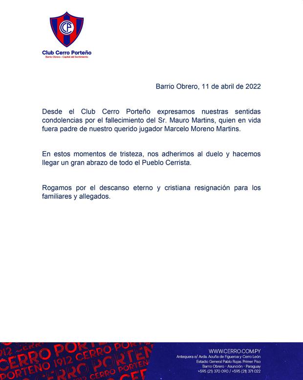 Las condolencias de Cerro Porteño tras el fallecimiento del padre de Marcelo Martins.