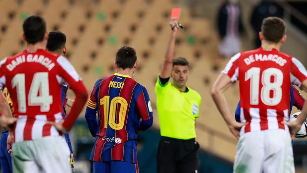 Lionel Messi was sent off for the first time in his professional career with Barcelona.  (Photo: Agencies)