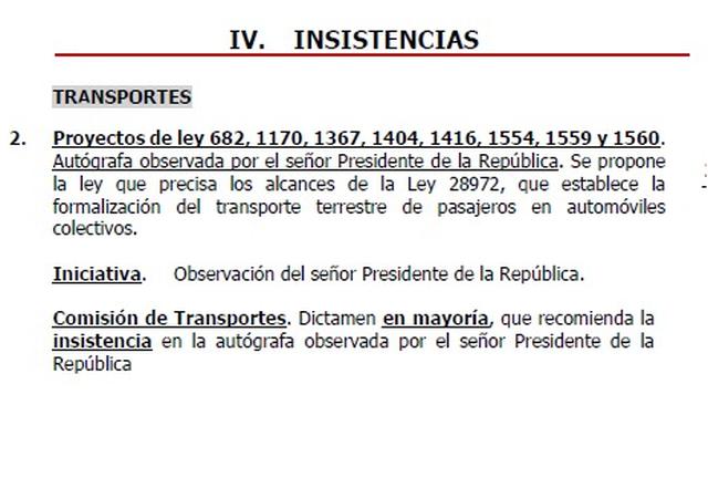 En la agenda de insistencias del Pleno del Congreso de la República destaca el proyecto para formalizar el taxi colectivo. 