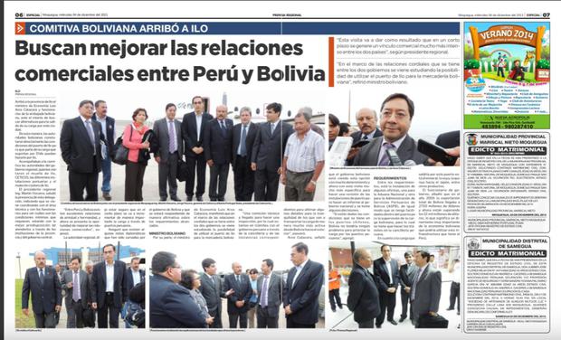 “Estas visitas fortalecen la propuesta del gobierno regional para priorizar la modernización del puerto de Ilo”, dijo el exgobernador de Moquegua Martín Vizcarra sobre la reunión con los funcionarios bolivianos, según citó el diario Prensa Regional de Moquegua el 4 de diciembre del 2013.