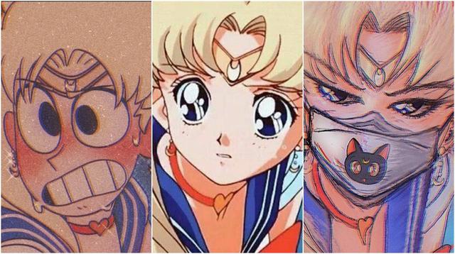 "Sailor Moon Redraw". Al centro, la imagen original del anime. A los extremos, de izquierda a derecha, las interpretacones de _buttertrash_ y tekvir_ en Instagram.