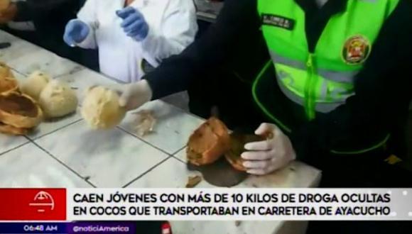 La fiscalía de turno examinó 16 cocos que se encontraban dentro de costales. El peso de lo incautado fue de  10kg 820 gramos de droga. (América Noticias)