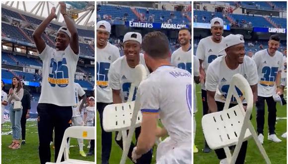 David Alaba celebró con una silla el título que ganó con Real Madrid en LaLiga Santander. (Foto: Captura)