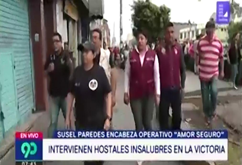 Susel Paredes encabeza intervención a hostales y hospedajes en La Victoria. (Captura: Latina)