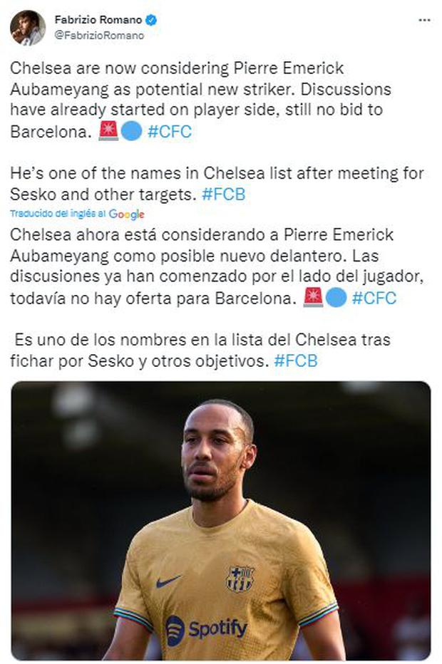 La información de Fabrizio Romano sobre el interés de Chelsea por Aubameyang.