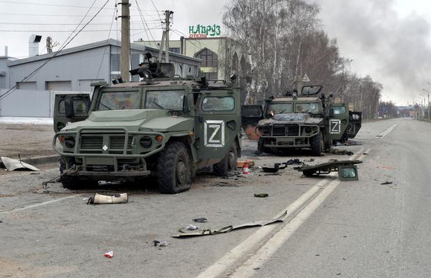Russian GAZ Tigr infantry vehicles destroyed as a result of fighting in Kharkiv, located about 50 km from the Ukraine-Russia border, on February 28, 2022. (Sergey BOBOK / AFP)