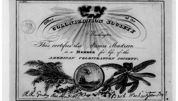 Certificado de membresía en la Sociedad Americana de Colonización: la organización fue creada en 1816 y estaba compuesta por hombres blancos, muchos de los cuales eran dueños de esclavos. (LIBRARY OF CONGRESS)