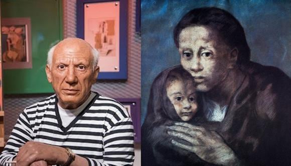 En "Picasso: aún sorprendo" se puede ver la evolución del artista a través de distintas épocas de su vida. Derecha: el pintor malagueño y el cuadro "Mère et enfant au fichu". (Fuente: Funiber)