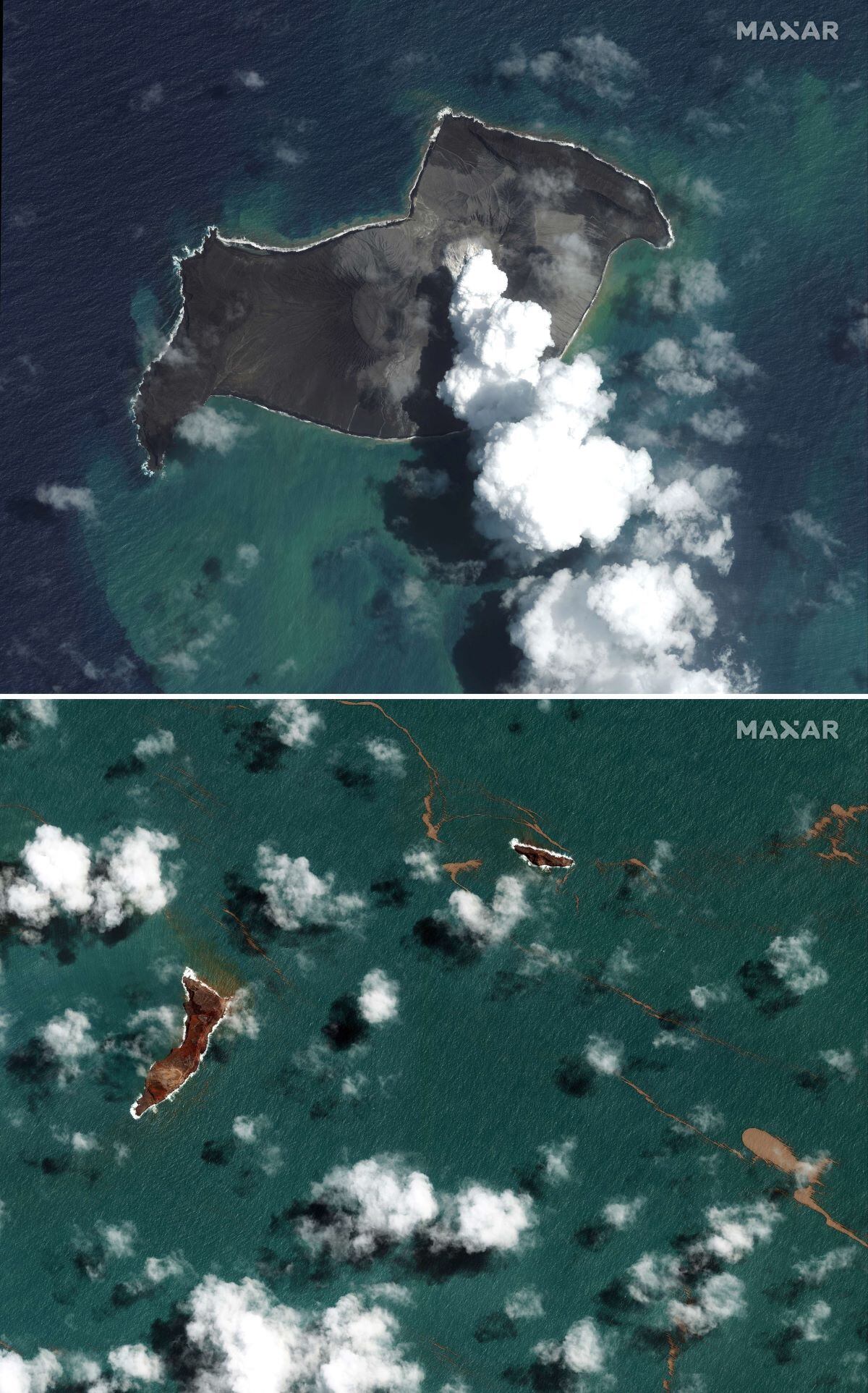 This combination of satellite images released by Maxar Technologies on January 18, 2022 shows the Hunga-Tonga - Hunga-Haa'pai volcano on January 6, 2022 as it releases ash and smoke;  and the same location on January 18, 2022, three days after the eruption.  (AFP).