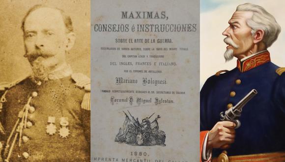 A la izquierda, Mariano Bolognesi con su uniforme de Estado Mayor. Al centro, la portada de la primera edición de su manual sobre el arte de la guerra, editado en 1880. A la derecha, cuadro del héroe Francisco Bolognesi en las instalaciones del Ministerio de Defensa. (Fotos: Archivo Histórico de Ana María Bolognesi/ INEHPA/ Alessandro Currarino para El Comercio)