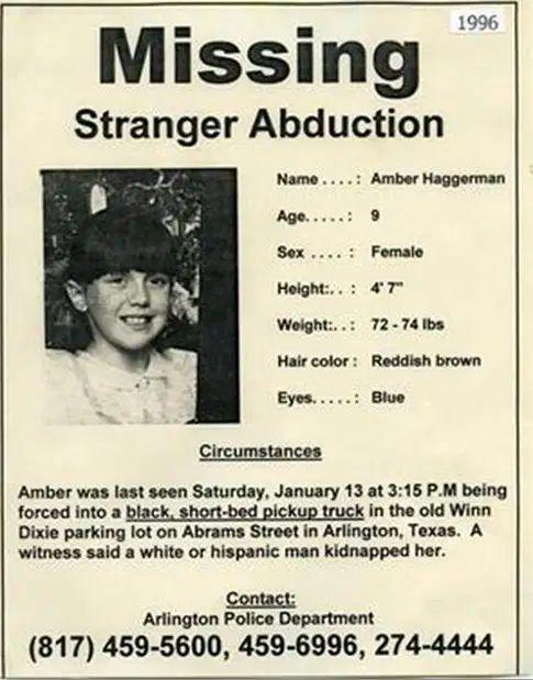 Aviso emitido por las autoridades tras el secuestro de Amber Hagerman.