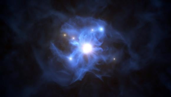 Esta representación artista muestra al agujero negro central y las galaxias atrapadas en su red de gas. (Imagen: ESO/L. Calçada)