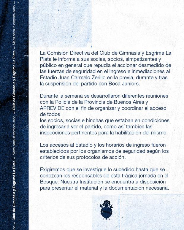 Gimnasia envió comunicado tras los incidentes en el partido ante Boca Juniors.