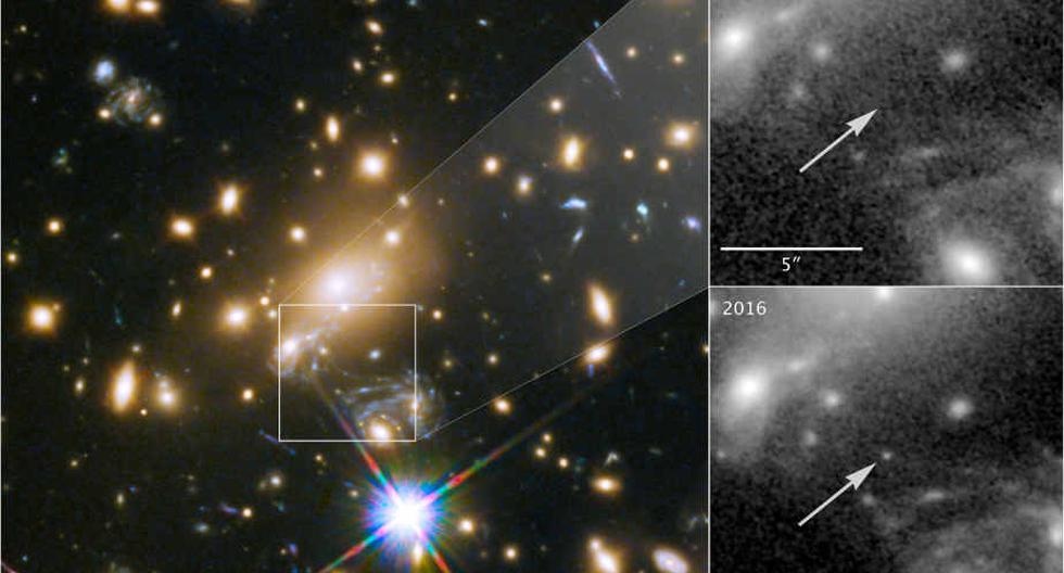 Icarus, cuyo nombre oficial es MACS J1149   2223 Lensed Star 1, es la *estrella individual más lejana jamás vista*. Solo es visible porque se magnifica por la gravedad de un cúmulo de galaxias masivo, ubicado a unos 5 mil millones de años luz de la Tierra. Llamado MACS J1149   2223, este grupo, que se muestra a la izquierda, se encuentra entre la Tierra y la galaxia que contiene la estrella distante. Los paneles de la derecha muestran la vista en 2011, sin Icarus visible, en comparación con el brillo de la estrella en 2016. (Foto: NASA, ESA, and P. Kelly (University of Minnesota))
