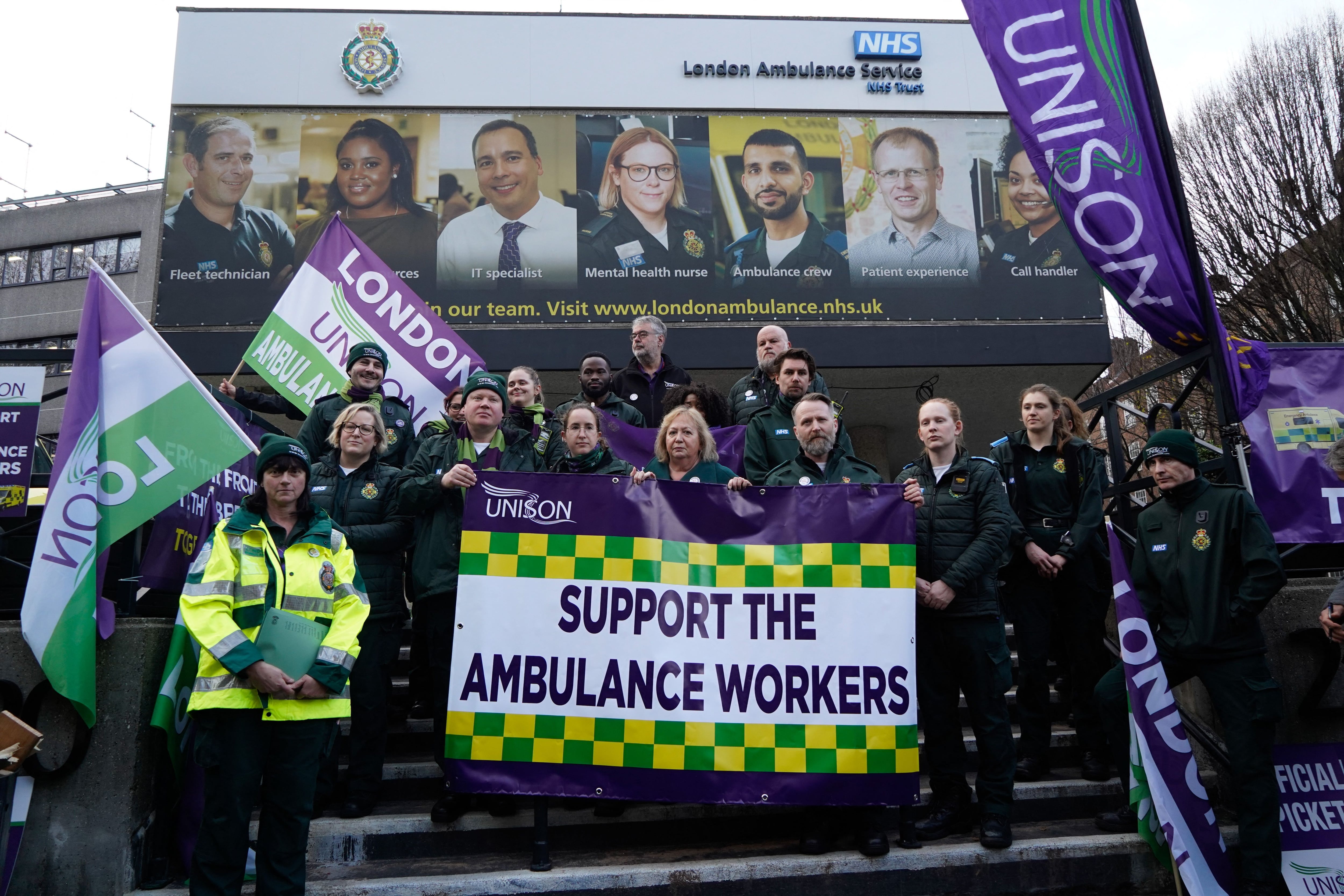 UNISON General Secretary Christina McAnea poses with ambulance workers at a strike outside Waterloo Ambulance Station in London on December 21, 2022. (Photo: AFP)