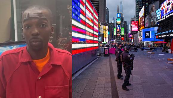 Imagen de Farrakhan Muhammad y de policías haciendo guardia en Times Square, Nueva York, el 8 de mayo de 2021. (Captura de video/ABC News - AFP).