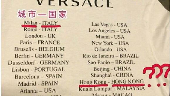 El texto en la camiseta de Versace implicaba que ni Kong Kong ni Macao son parte de China.