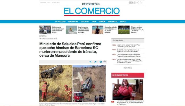 Un autobús que transportaba a hinchas del club de Barcelona de Guayaquil de regreso a casa de un partido de Copa Libertadores en Lima volcó este sábado en una ruta del norte de nuestro país, con el saldo de ocho muertos y casi 40 heridos. (Diario "El Comercio").