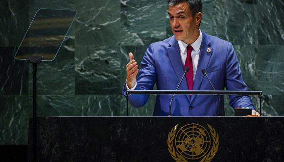 El Primer Ministro de España, Pedro Sánchez, durante el 78º período de sesiones de la Asamblea General de las Naciones Unidas en la Sede de las Naciones Unidas en Nueva York, EE.UU., el 20 de septiembre de 2023. (Foto de EFE/EPA/MIGUEL RODRIGUEZ)