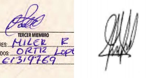 Las firmas que Miler Ortiz registró en el acta de escrutinio y Reniec, respectivamente.