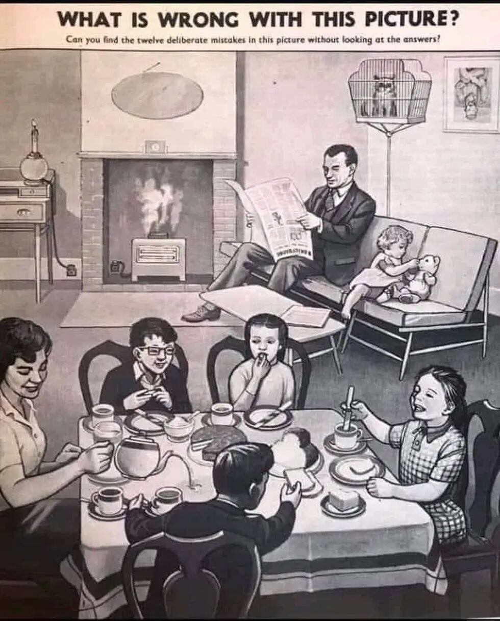 ¿Puedes encontrar todos los errores intencionales de este dibujo inspirado en una típica familia de Estados Unidos de la década de 1950? (Foto: Isolation Nation en Facebook)