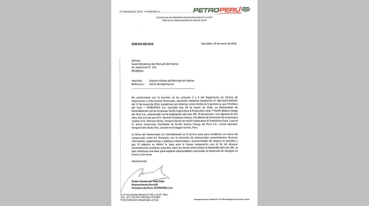 Petro-Perú firmó memorando de entendimiento por el lote 192 - 2