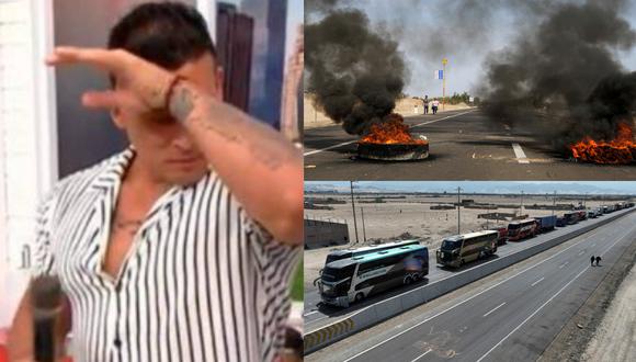 A la izquierda, Christian Domínguez al hablar del ataque al bus de la agrupación Puro Sentimiento. A la derecha, imágenes del paro de transporte en Ica; donde ocurrió el ataque. (Fotos: América TV/ AP)