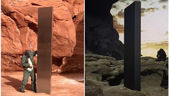 El ahora desaparecido monolito de Utah (izquierda) y el monolito de "2001: Odisea del espacio) (Foto: Departamento de Seguridad de Utah/MGM)