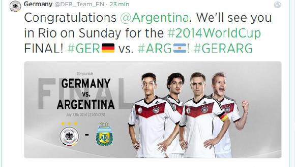 Selección alemana felicitó por Twitter a su rival: Argentina