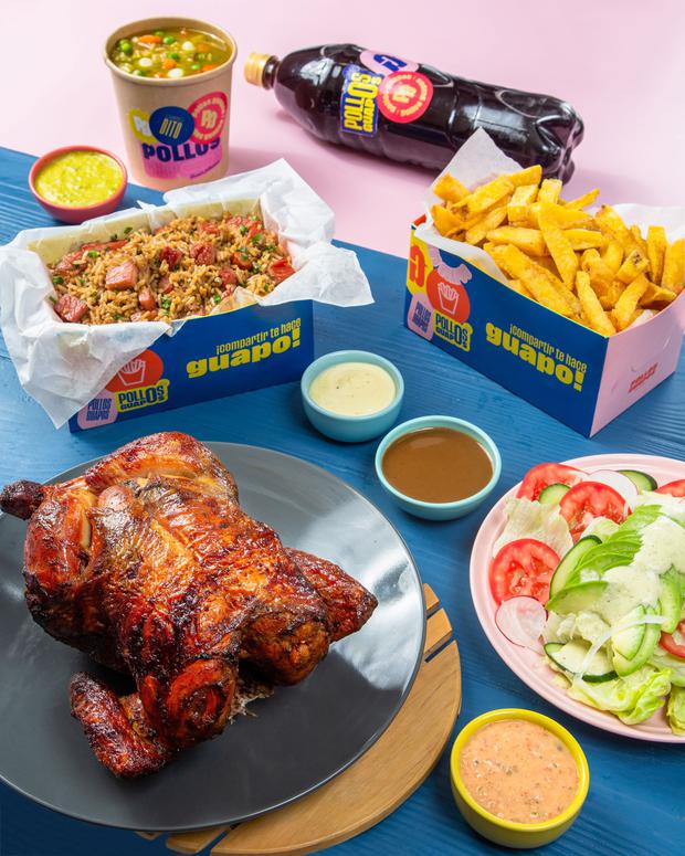 Pollos Guapos offers various combos with salad, chicha, additional wings, chaufa rice, aguadito and the inevitable homemade sauces.  (Photo: Handsome Chickens)