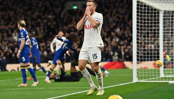 Tottenham Hotspur's English defender #15 Eric Dier reacts after his goal was disallowed during the English Premier League football match between Tottenham Hotspur and Chelsea at Tottenham Hotspur Stadium in London, on November 6, 2023. (Photo by Glyn KIRK / AFP) / RESTRICTED TO EDITORIAL USE. No use with unauthorized audio, video, data, fixture lists, club/league logos or 'live' services. Online in-match use limited to 120 images. An additional 40 images may be used in extra time. No video emulation. Social media in-match use limited to 120 images. An additional 40 images may be used in extra time. No use in betting publications, games or single club/league/player publications. / 